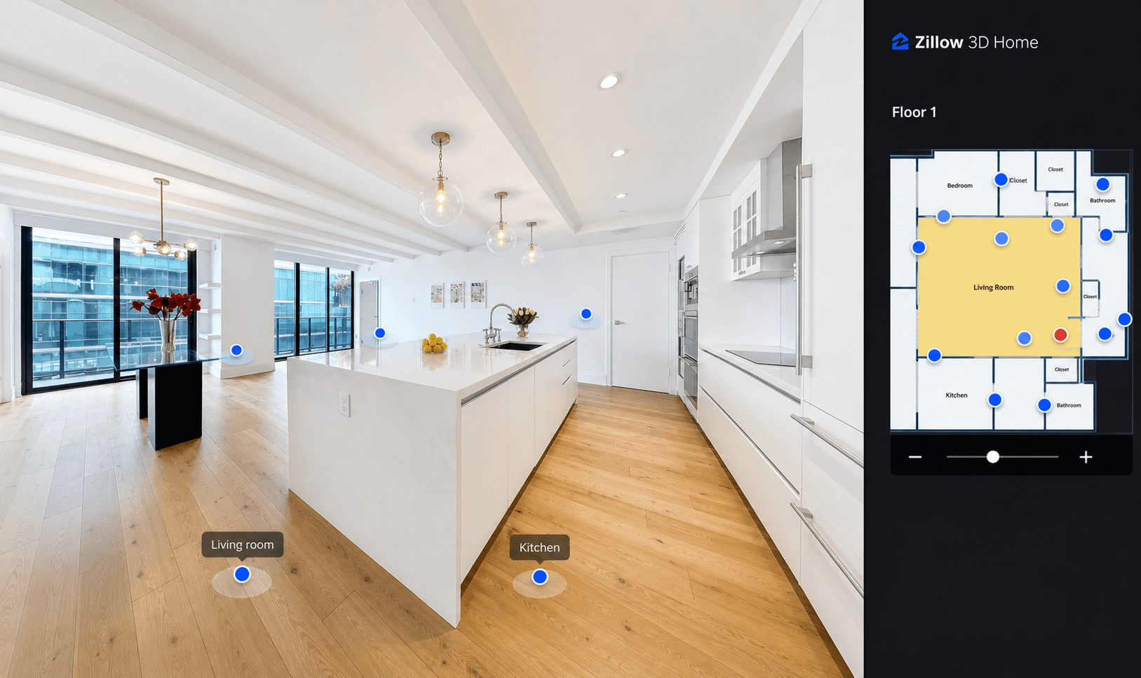 Interactive Zillow 3D Home tour shown with a residential floor plan