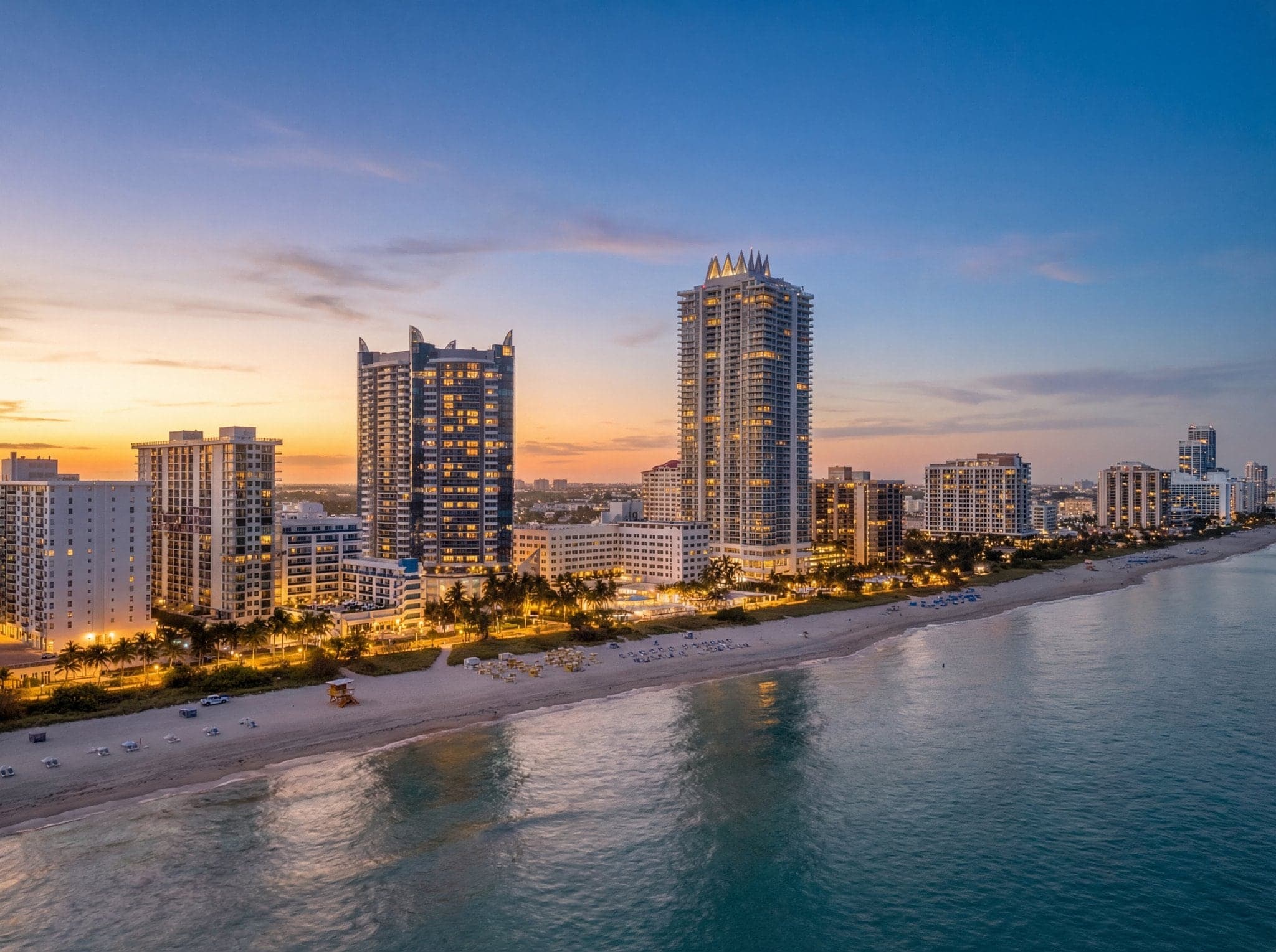 Miami skyline and Biscayne Bay photographed from the air at twilight
